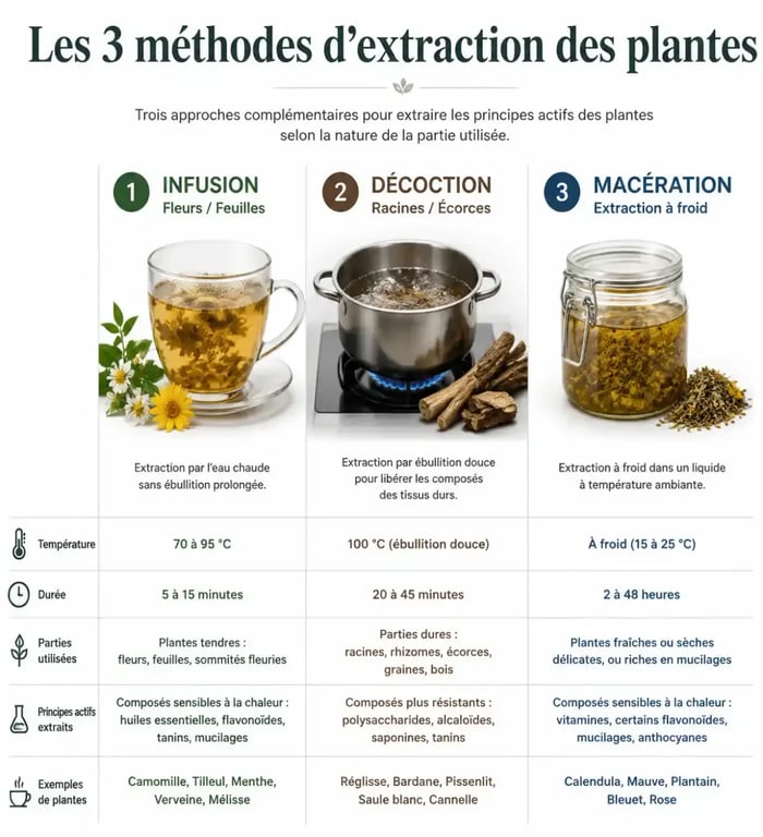 Infographie des méthodes de préparation de tisane : infusion, décoction et macération