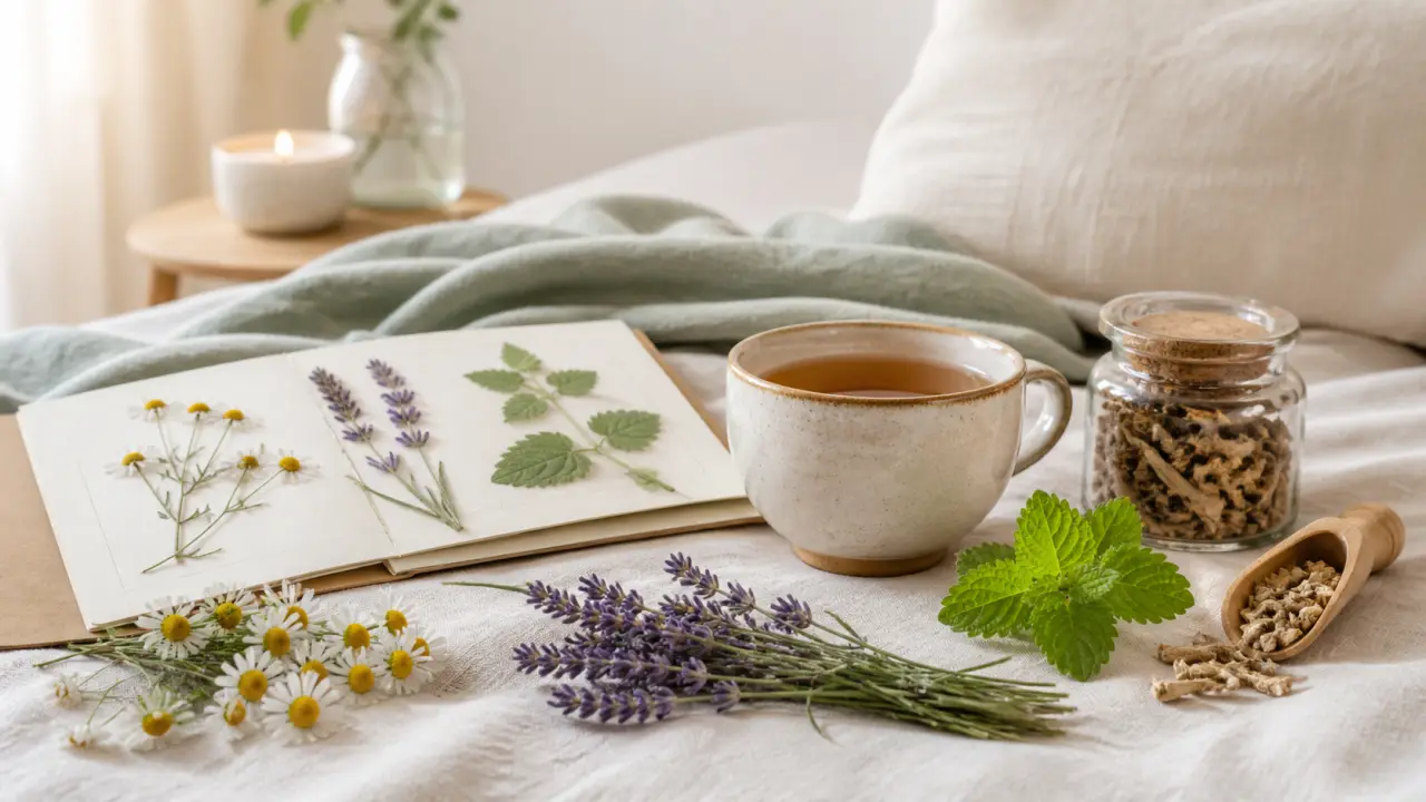 Composition minimaliste autour des plantes du sommeil, tasse de tisane et feuilles vertes