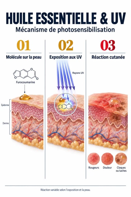 Schéma du mécanisme d’une huile essentielle photosensibilisante exposée aux UV