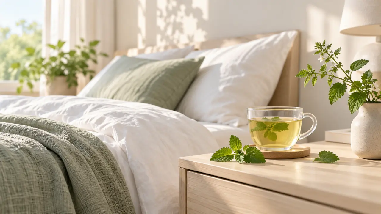 Tasse de tisane de mélisse préparée pour favoriser une routine du soir