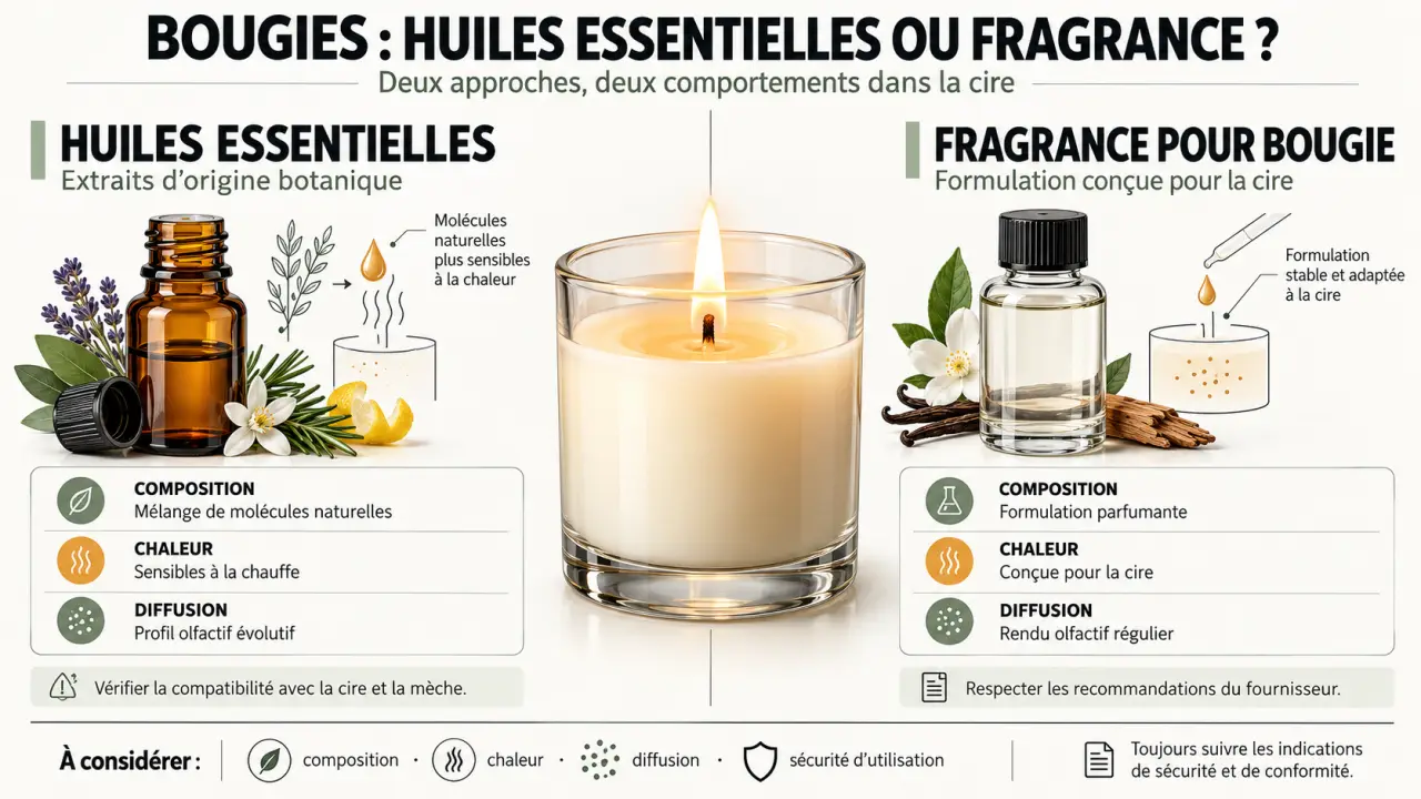 Bougie aux huiles essentielles : différence entre huiles essentielles et fragrances pour bougies