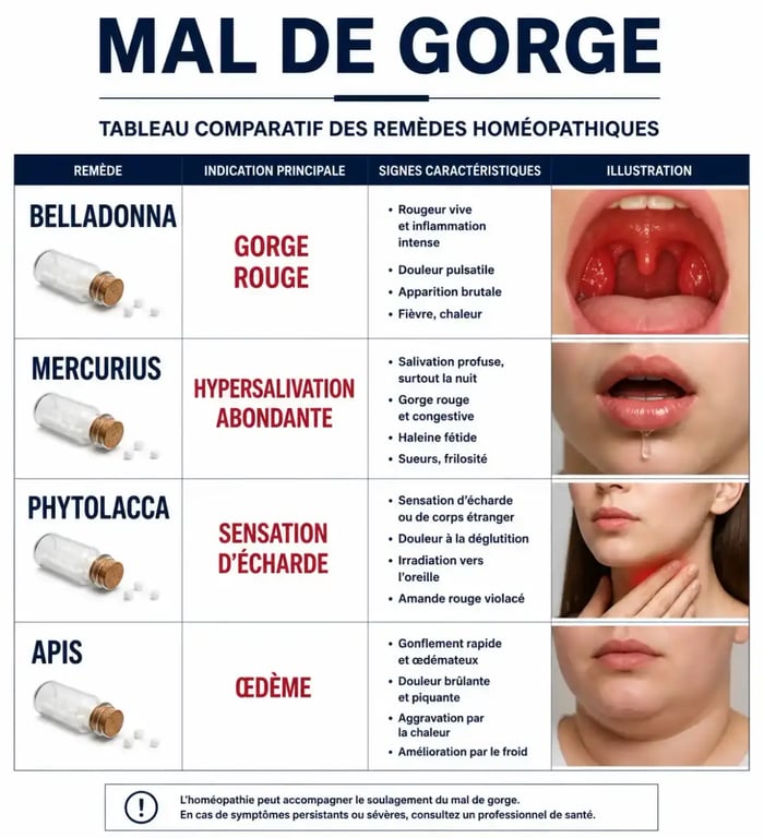 Tableau récapitulatif des remèdes homéopathiques pour le mal de gorge et leurs symptômes associés