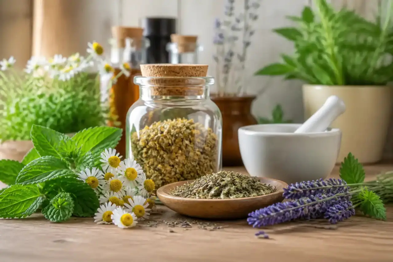 Composition botanique minimaliste avec feuilles médicinales, tisane et textures naturelles