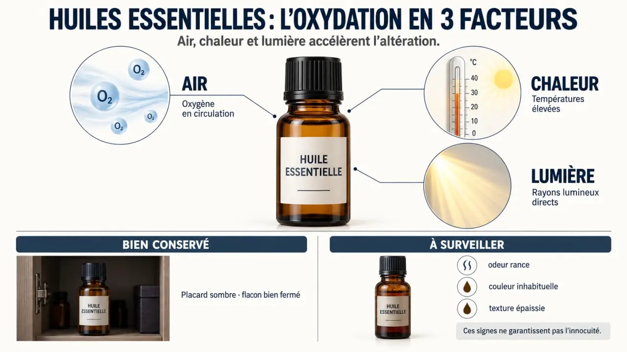 Infographie sur la péremption des huiles essentielles et les facteurs d'oxydation