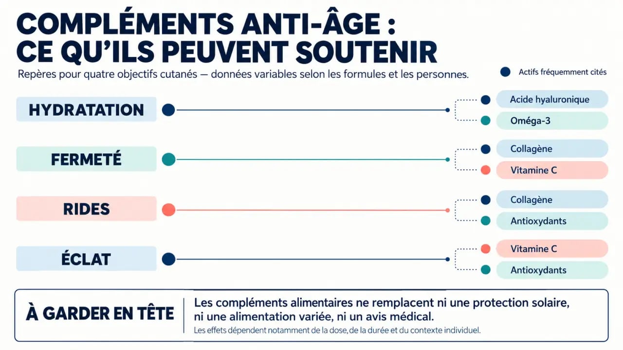 Compléments alimentaires anti-âge : actifs associés à l’hydratation, la fermeté, les rides et l’éclat de la peau