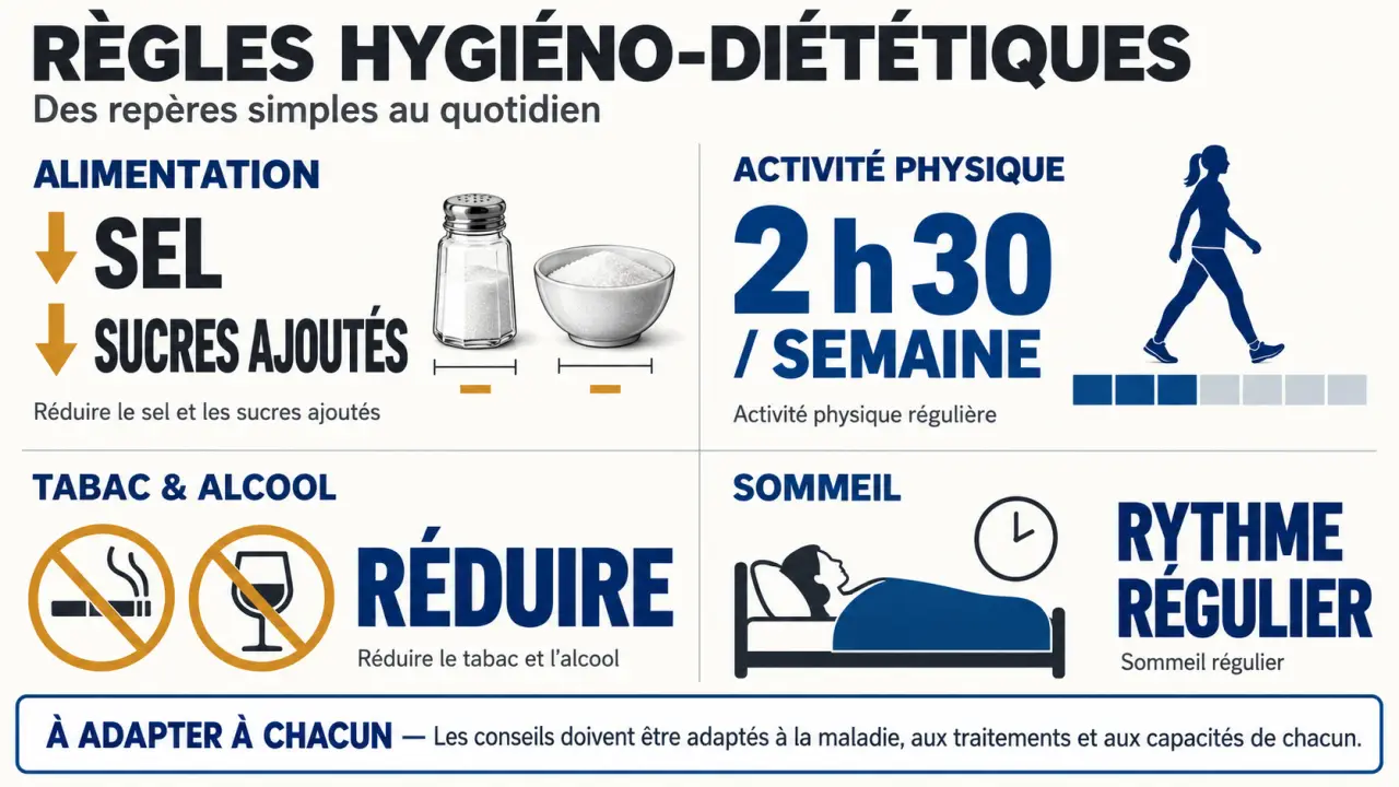 Règles hygiéno-diététiques : alimentation, activité physique, sommeil et réduction du tabac et de l’alcool