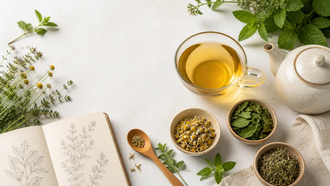 Composition en grille de plantes, tasse de tisane et textures naturelles